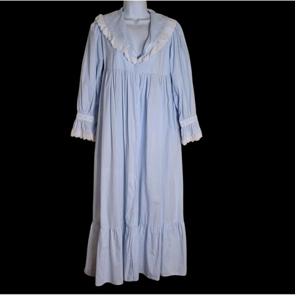 The 1 For U Long Modest Nightgown Size XS Light Blue Cotton White Eyelet Trim - Picture 1 of 7